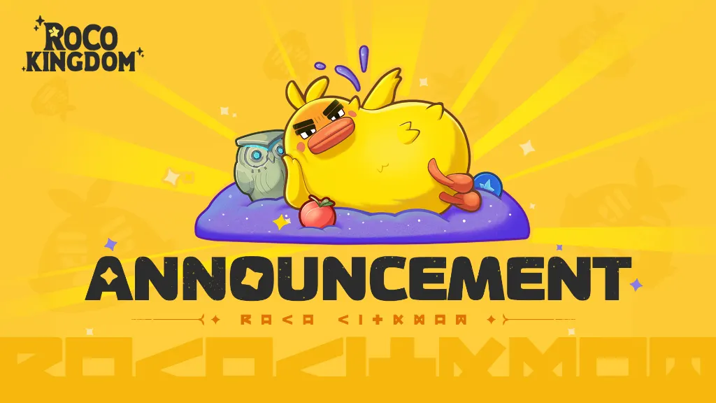Roco Kingdom official Announcement banner featuring the Quack Quack mascot on a cushion.