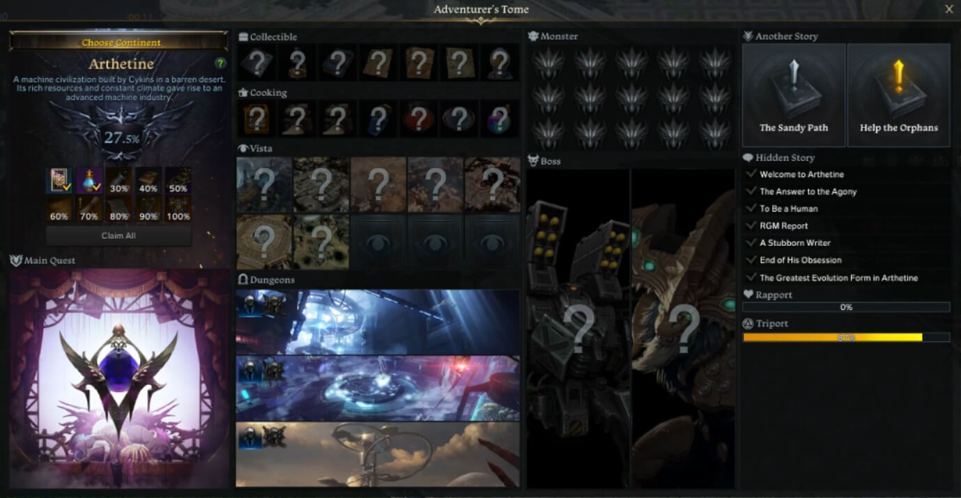 Lost ark 2.0 Adventurer's Tome Arthetine Cooking, Monster, Vista, Story